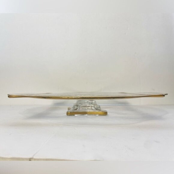 Ovington’s Alhambra Glass Cake Pedestal Platter Gold Floral Inlay Elegant Shape - Picture 14 of 14